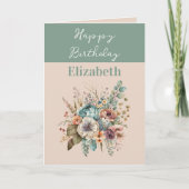 ハッピーバースデー名bohoフローラ緑を追加 カード (正面)