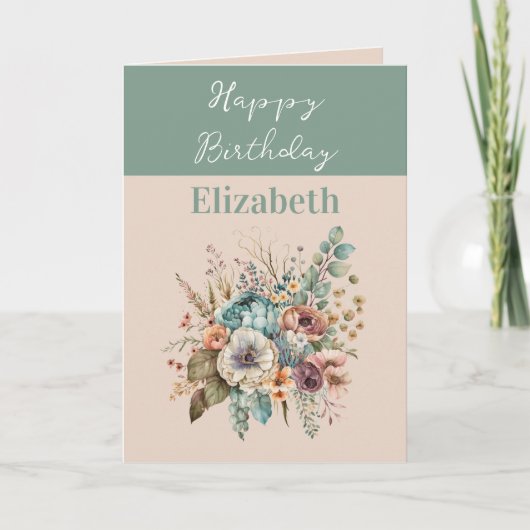 ハッピーバースデー名bohoフローラ緑を追加 カード (正面)