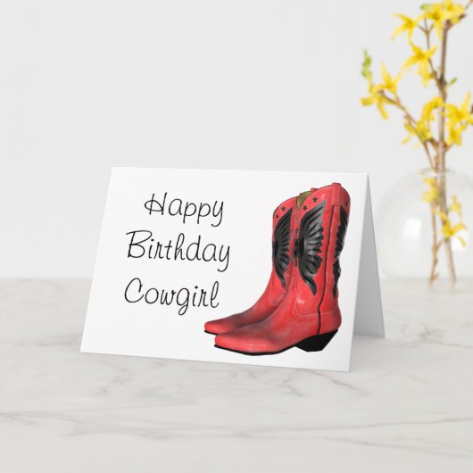 ハッピーバースデー女性のカーボーイブーツレッドグリーティングカード カード (黄色い花)