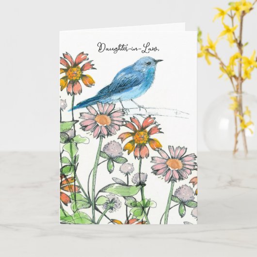ハッピーバースデー娘の法律中ブルーバードフラワーズ カード (黄色い花)
