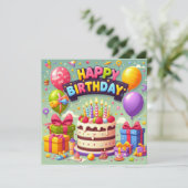ハッピーバースデー子供へ – バカラフルルーンケーキ 招待状 (スタンド正面)