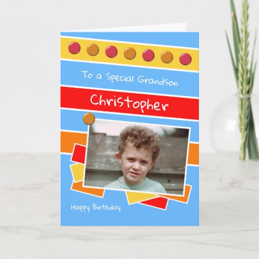 ハッピーバースデー孫の赤い黄色の写真 カード (正面)
