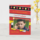 ハッピーバースデー孫の赤と黒の写真 カード (黄色い花)