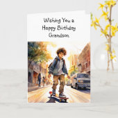 ハッピーバースデー孫 | スケートボーダー カード (黄色い花)