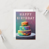 ハッピーバースデー宇宙紙吹雪ケーキ カード (正面/裏面インサイチュ)