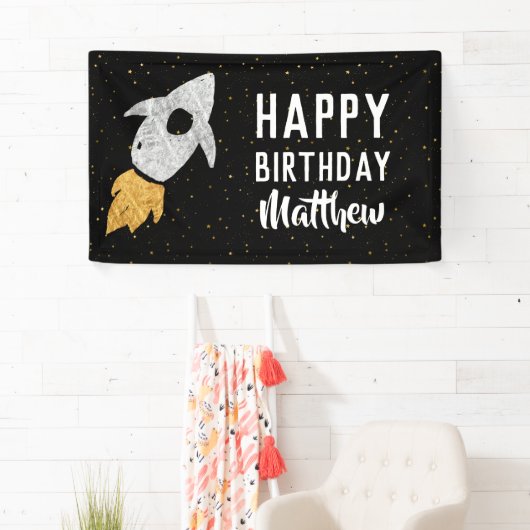 ハッピーバースデー宇宙銀金ゴールドロケットキッズ 横断幕 (インサイチュ)