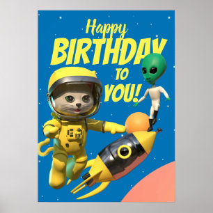 ハッピーバースデー宇宙飛行士とエイリアンおもしろい ポスター