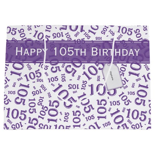 ハッピーバースデー年齢105番パターン紫/白 ラージペーパーバッグ (正面)
