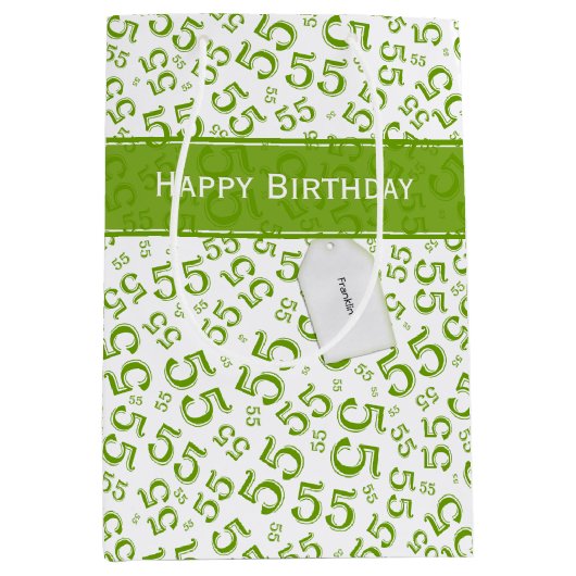 ハッピーバースデー年齢55番パターン緑/白 ミディアムペーパーバッグ (正面)