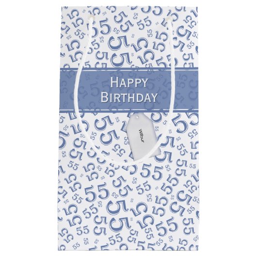 ハッピーバースデー年齢55番パターン、青い白、 スモールペーパーバッグ (正面)