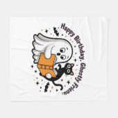 ハッピーバースデー幽霊猫PNG -不気味可愛いクラシック フリースブランケット (正面(横))