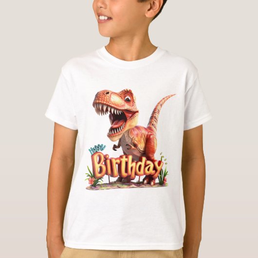 ハッピーバースデー恐竜 – 子供の恐竜パーティー Tシャツ (正面)