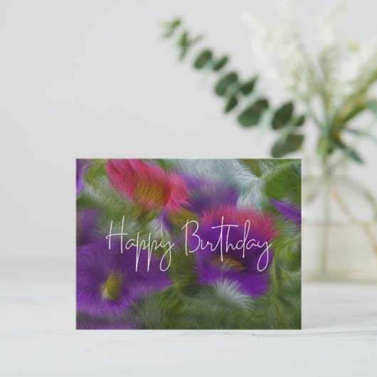 ハッピーバースデー抽象芸術紫とピンクの花 ポストカード (スタンド正面)