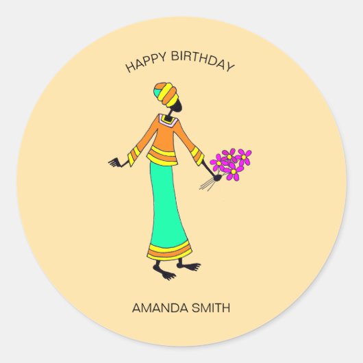 ハッピーバースデー抽象芸術、レディー、フローラ ラウンドシール (正面)