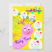 ハッピーバースデー招待状ピンクウォームカップケーキ 招待状 (正面)