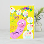 ハッピーバースデー招待状ピンクウォームカップケーキ 招待状 (スタンド正面)