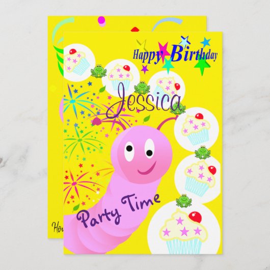 ハッピーバースデー招待状ピンクウォームカップケーキ 招待状 (正面/裏面)