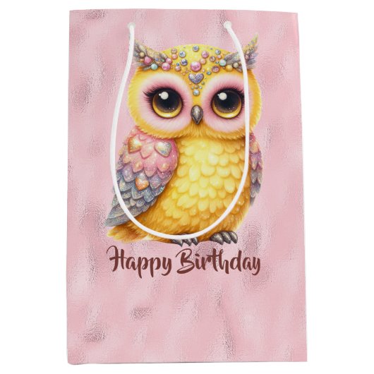 ハッピーバースデー数々の色のフクロウ(ピンク) ミディアムペーパーバッグ (正面)