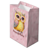 ハッピーバースデー数々の色のフクロウ（ピンク） ミディアムペーパーバッグ (裏面アングル)