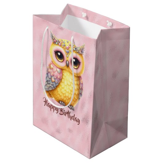 ハッピーバースデー数々の色のフクロウ（ピンク） ミディアムペーパーバッグ (裏面アングル)