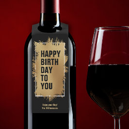 ハッピーバースデー文字ゴールドフォイルオンブラック ボトルネックタグ
