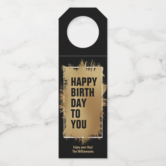 ハッピーバースデー文字ゴールドフォイルオンブラック ボトルネックタグ (正面)