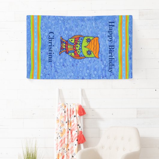 ハッピーバースデー明るいファンタジー梟の星の目 横断幕 (インサイチュ)