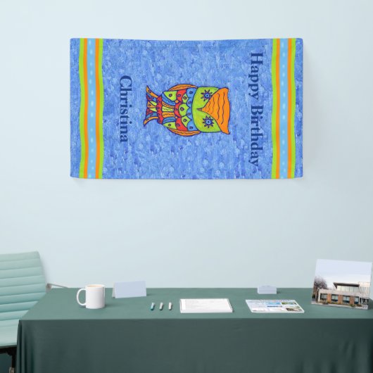 ハッピーバースデー明るいファンタジー梟の星の目 横断幕 (トレードショー)