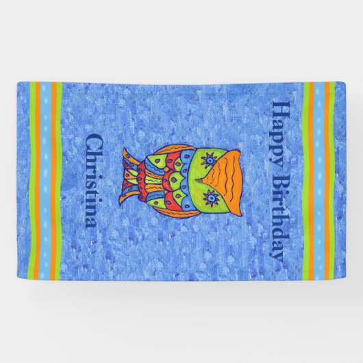 ハッピーバースデー明るいファンタジー梟の星の目 横断幕 (横)