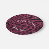 ハッピーバースデー梅紫グリッターゼブラ縞 ペーパープレート (アングル)