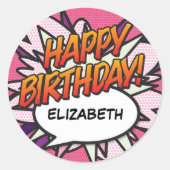 ハッピーバースデー楽しいコミックブックピンク ラウンドシール (正面)