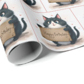 ハッピーバースデー標識付き猫 ラッピングペーパー (ロールコーナー)