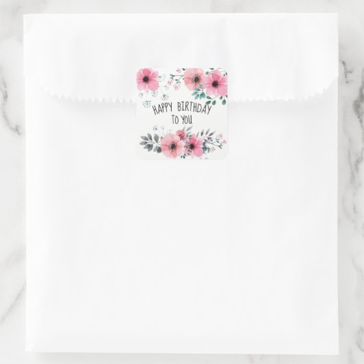 ハッピーバースデー水彩かわいらしピンクフローラ スクエアシール (バッグ)