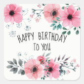 ハッピーバースデー水彩かわいらしピンクフローラ スクエアシール (正面)