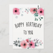 ハッピーバースデー水彩かわいらしピンクフローラ ポストカード (正面/裏面)