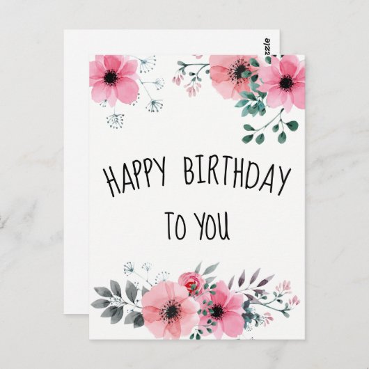 ハッピーバースデー水彩かわいらしピンクフローラ ポストカード (正面/裏面)