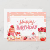 ハッピーバースデー水彩ストロベリーフルーツケーキ ポストカード (正面/裏面)