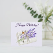 ハッピーバースデー水彩パープルラベンダーフラワー シーズンポストカード (スタンド正面)