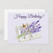 ハッピーバースデー水彩パープルラベンダーフラワー シーズンポストカード (正面/裏面)