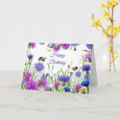 ハッピーバースデー水彩パープル、ブルーコーンフラワー カード (黄色い花)