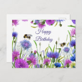 ハッピーバースデー水彩パープル、ブルーコーンフラワー ポストカード (正面/裏面)