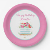 ハッピーバースデー水彩フローラお誕生日ケーキ ペーパープレート (正面)