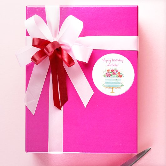 ハッピーバースデー水彩フローラお誕生日ケーキ ラウンドシール