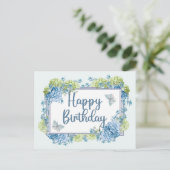 ハッピーバースデー水彩ブルーアジサイ花 ポストカード (スタンド正面)