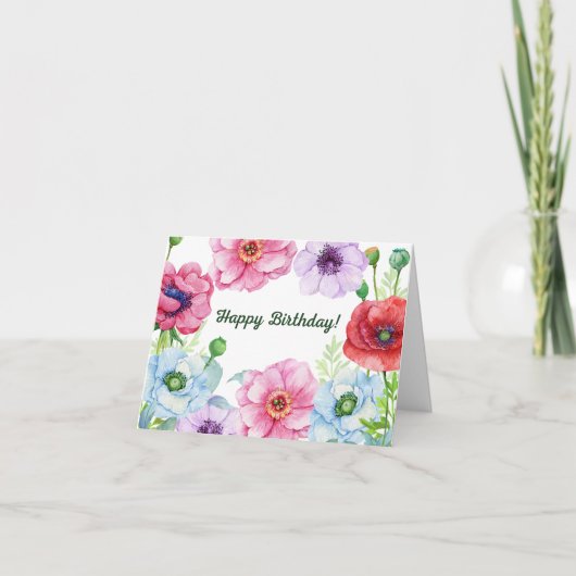 ハッピーバースデー水彩ポピーの花 カード (正面)