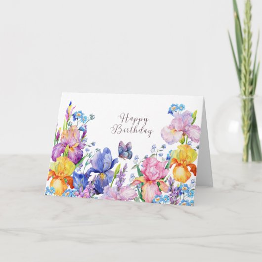 ハッピーバースデー水彩虹彩の花と庭 カード (正面)