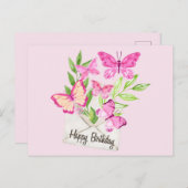 ハッピーバースデー水色ピンクの蝶、葉 シーズンポストカード (正面/裏面)