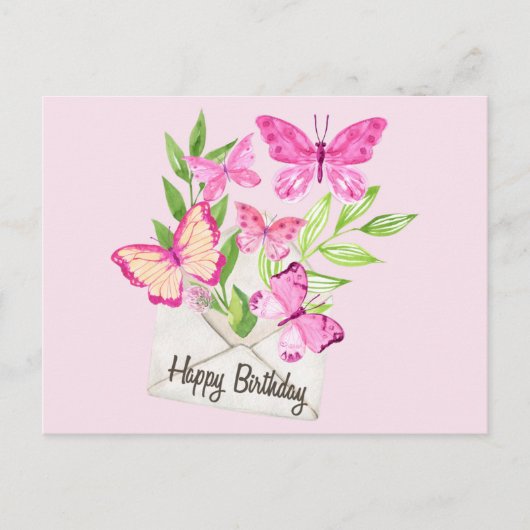 ハッピーバースデー水色ピンクの蝶、葉 シーズンポストカード (正面)
