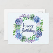 ハッピーバースデー水色多肉植物葉、 ポストカード (正面/裏面)