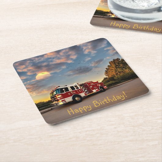 ハッピーバースデー消防車コースター スクエアペーパーコースター (アングル)